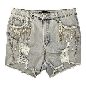 Denim Couture rhinestone fringe distressed jean shorts western sz M